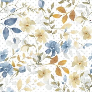 Bigger Scale Shabby Watercolor Flowers Blue Cream and Gold on White Polkadot