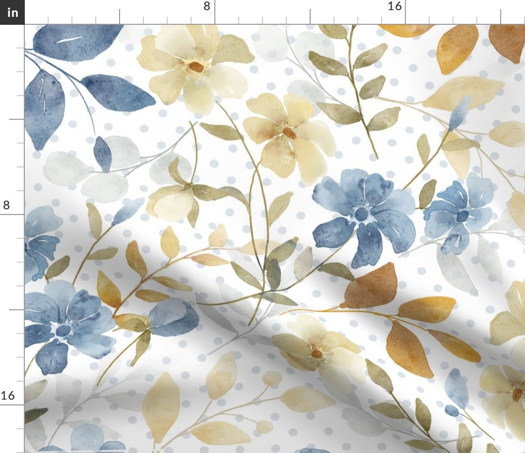 Bigger Scale Shabby Watercolor Flowers Blue Cream and Gold on White Polkadot