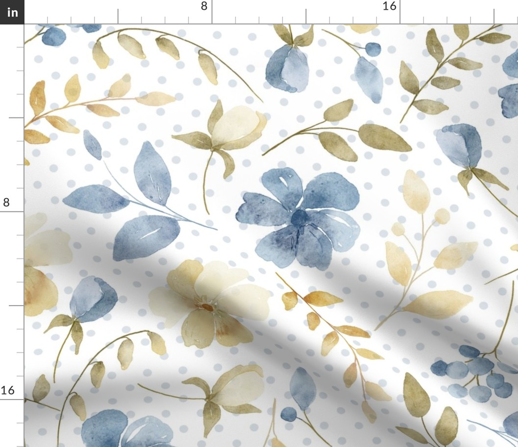 Bigger Scale Shabby Watercolor Flowers Blue Cream and Gold on White Polkadot