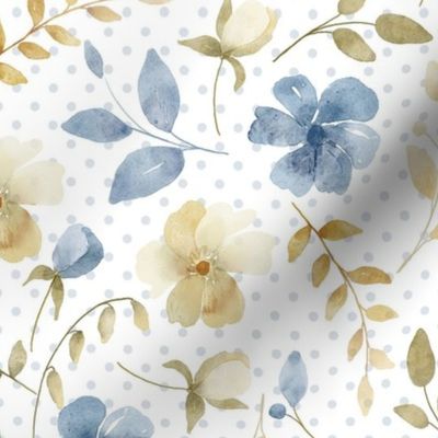 Smaller Scale Shabby Watercolor Flowers Blue Cream and Gold on White Polkadot