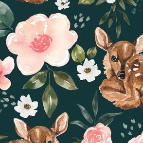 Watercolor Fawn Floral on Emerald Green 24 inch