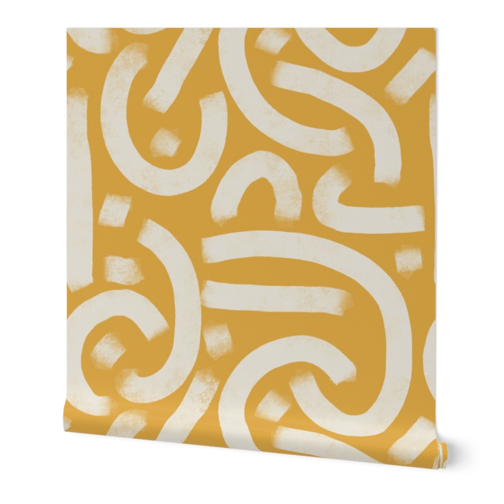 boho casual brush strokes - bold mustard yellow rustic - brush stroke wallpaper and fabric