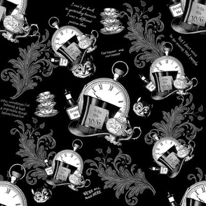 Alice in Wonderland, Teacups, Tophats and Quotes Black Background