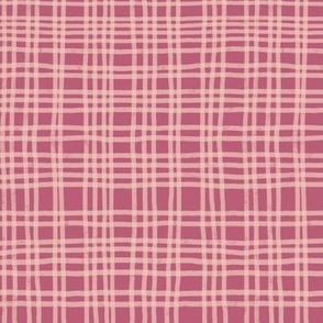 Small scale muted raspberry berry pink and soft apricot organic irregular textured plaid for stylish kid and adult apparel, geo wallpaper, cool bedlinen, fresh duvet covers, soft furnishings, classic curtains, elegant table linen.