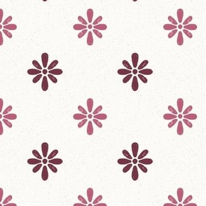 Medium scale organic daisy flowers with textures in dusty rose pink and dark purple  - for patchwork quilting, nursery accessories and wallpaper, kids apparel and decor. 