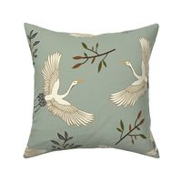 Japanese Cranes on Serene Laurel Green - Large Scale