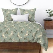 Japanese Cranes on Serene Laurel Green - Large Scale