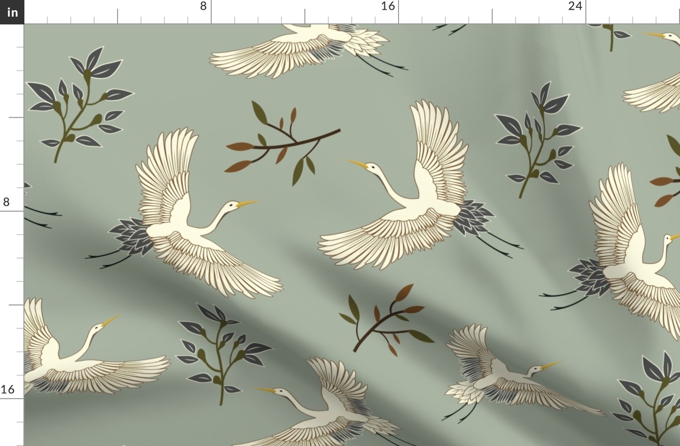 Japanese Cranes on Serene Laurel Green - Large Scale