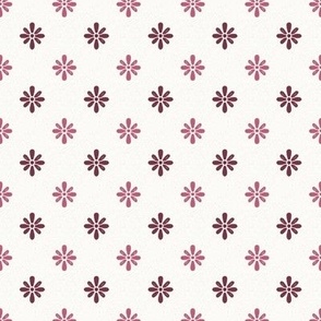 small scale organic daisy flowers with textures in dusty rose pink and dark purple  - for patchwork quilting, nursery accessories and wallpaper, kids apparel and decor. 