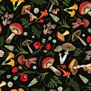 Mushroom wallpaper, fabric,  poisonous plants, bright colors on black, fun, multi-colored toadstools, and other funky flora