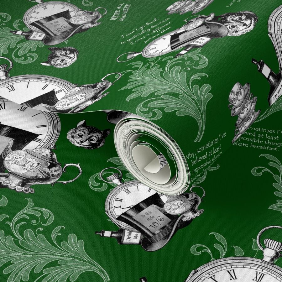 Alice in Wonderland black and white on  deep green -  Teacups, Tophats and Quotes