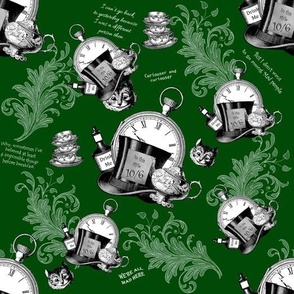 Alice in Wonderland black and white on  deep green -  Teacups, Tophats and Quotes
