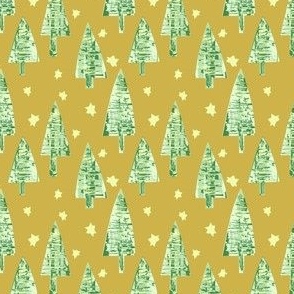 Happy Christmas Trees - Hand Painted - Green On Gold.