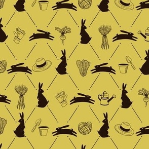 Rabbits in the Garden, Chocolate on Mimosa Yellow