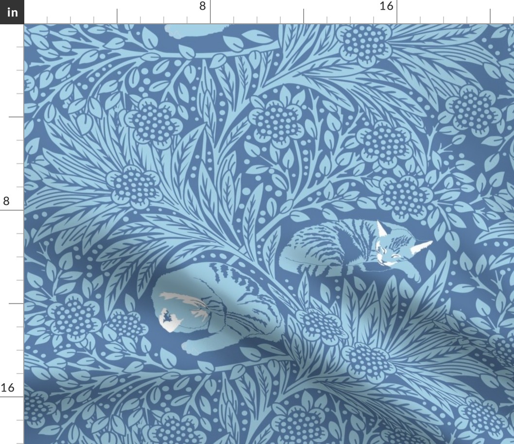 Blue William Morris Cats Kitten Kitty floral flowers leaves foliage cat fabric