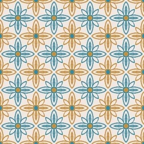 Large scale Blue  turquoise and gold daisy flowers tile, textured lines, organic boho ethnic tribal vibes, Moroccan inspired - for wallpaper, kids apparel, pretty curtains and bed linen