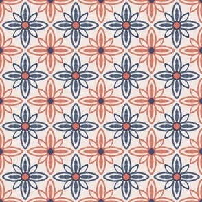 Large scale Blue and terracotta daisy flowers tile, textured lines, organic boho ethnic tribal vibes, Moroccan inspired - for wallpaper, kids apparel, pretty curtains and bed linen