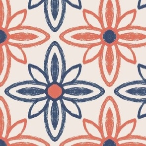 Large scale Blue and terracotta daisy flowers tile, textured lines, organic boho ethnic tribal vibes, Moroccan inspired - for wallpaper, kids apparel, pretty curtains and bed linen