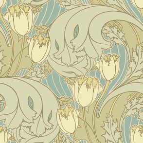 Victorian Tulip in sage green ivory duck egg blue