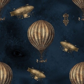 Hot Air Balloon and Airships Steampunk Gothic Grunge in dark teal blue