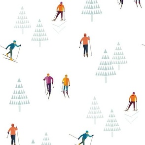 Cross Country Skiing through winter trees - colorful skiers