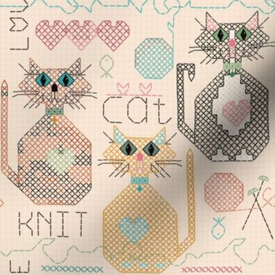 Love Cat Knit Cross Stitch Sampler