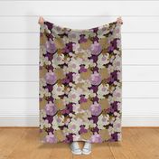 Romantic Big Peony Flower in offwhite, grey and purple on black background 