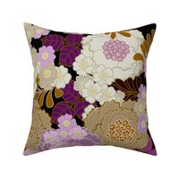 Romantic Big Peony Flower in offwhite, grey and purple on black background 