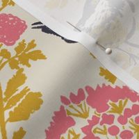 Hemlock and Chickadee Birds Block Print in Mustard Yellow, Pink and Cream