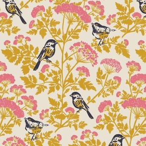 Hemlock and Chickadee Birds Block Print in Mustard Yellow, Pink and Cream