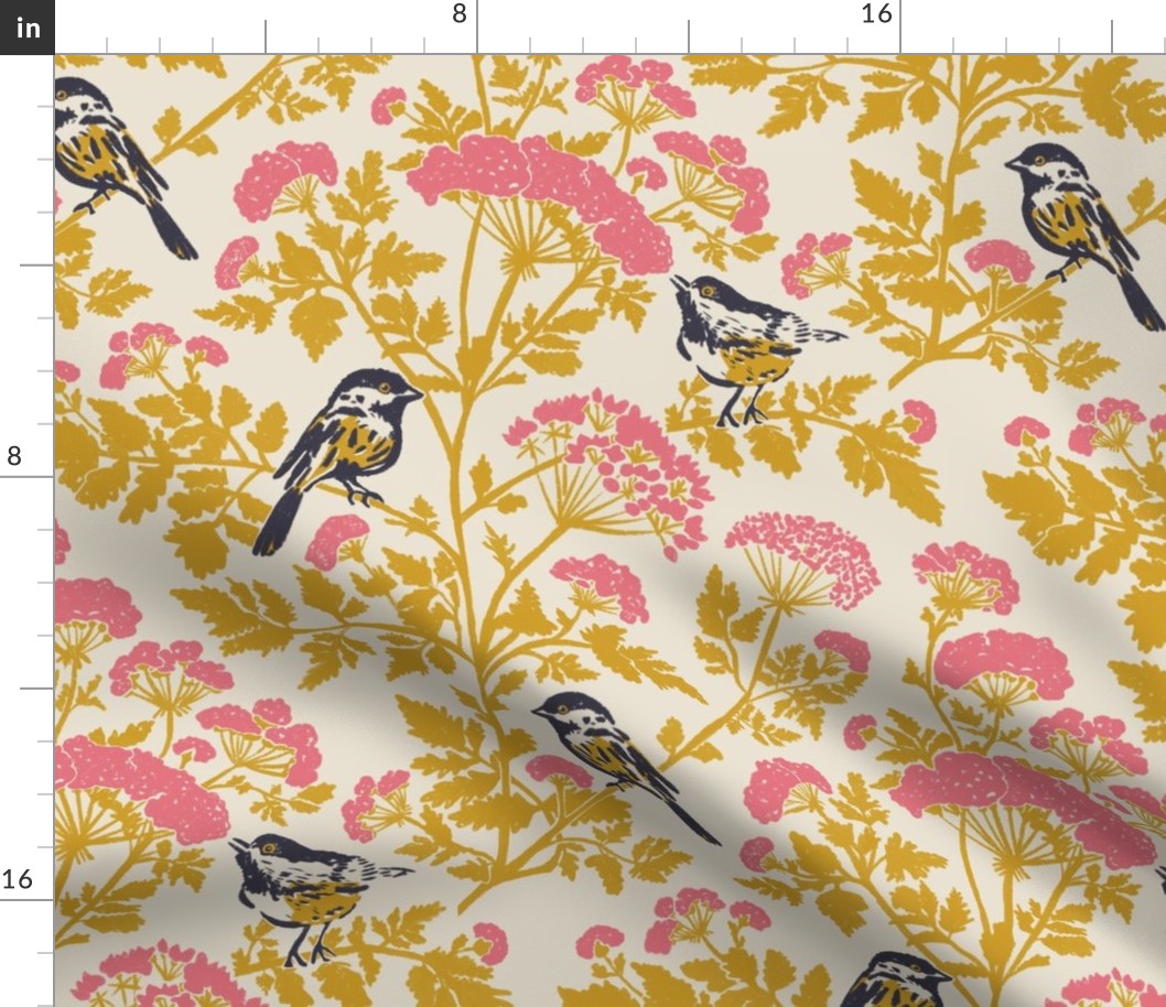 Hemlock and Chickadee Birds Block Print in Mustard Yellow, Pink and Cream