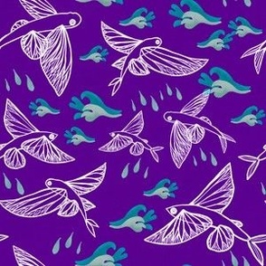 Caribbean line drawn flying fish with Art Deco waves small Orchid background white fish