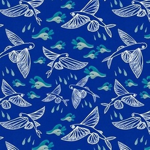 Caribbean line drawn flying fish with Art Deco waves small Royal blue white fish