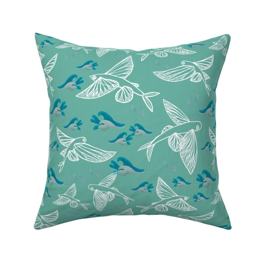 Caribbean line drawn flying fish with Art Deco waves 12” repeat Light teal cyan white fish