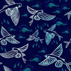 Caribbean line drawn flying fish with Art Deco waves small Dark navy with white fish