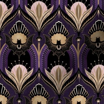 Elegant Art Deco bats and flowers - Royal purple, gold, black and pink - medium