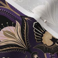 Elegant Art Deco bats and flowers - Royal purple, gold, black and pink - medium