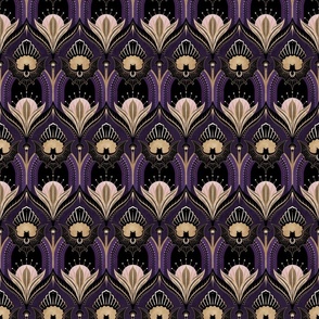 Elegant Art Deco bats and flowers - Royal purple, gold, black and pink - medium