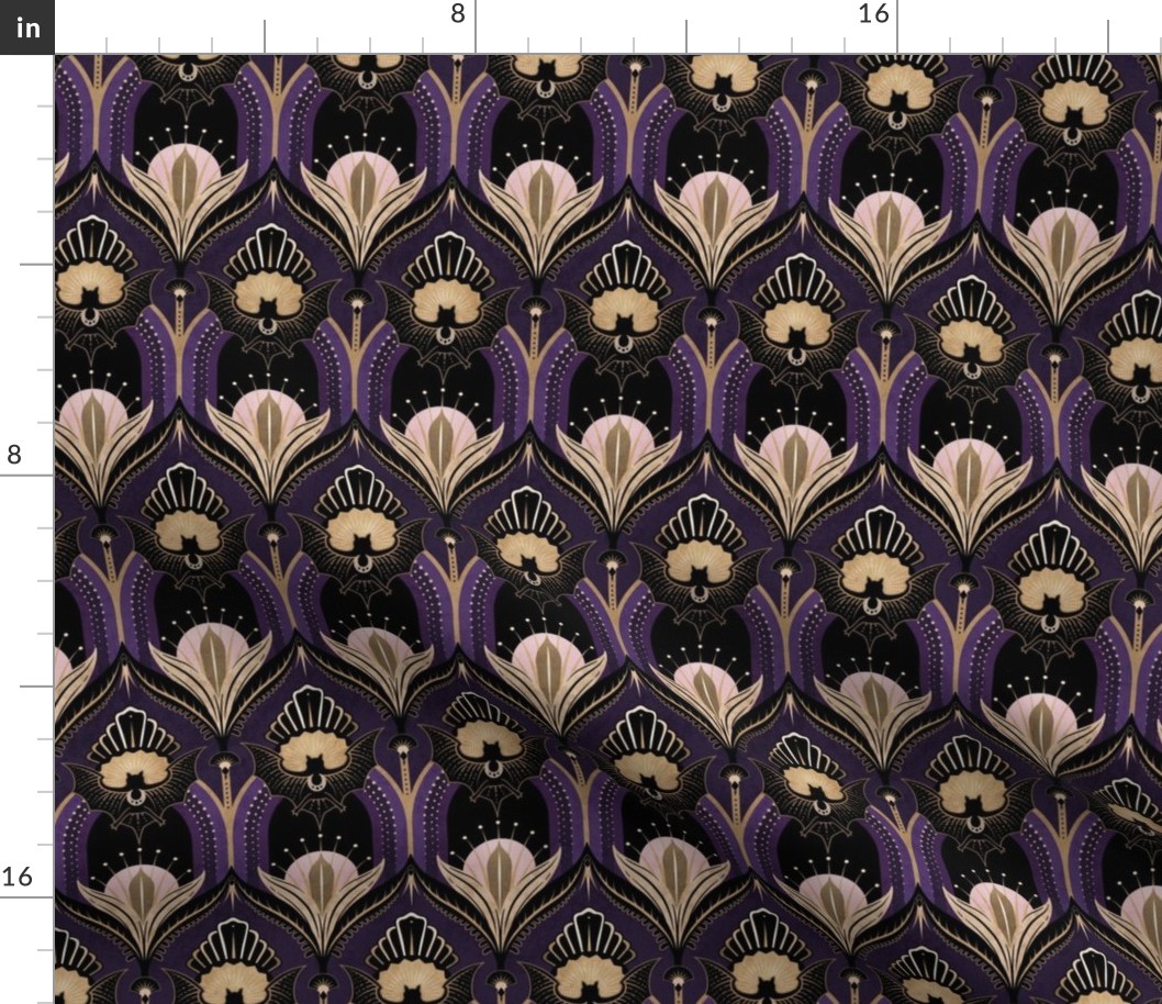 Elegant Art Deco bats and flowers - Royal purple, gold, black and pink - medium