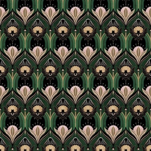 Elegant Art Deco bats and flowers - Emerald green, gold, black and pink - medium