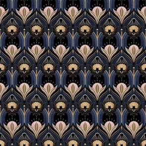 Elegant Art Deco bats and flowers - Navy blue, gold, black and pink - medium