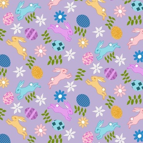 Hopping bunnies and Easter Eggs on lavender background ditzy.