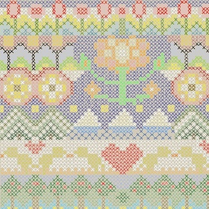 cross-stitch-fair-isle-yellow-orange-red-white-blue-green-on-greige