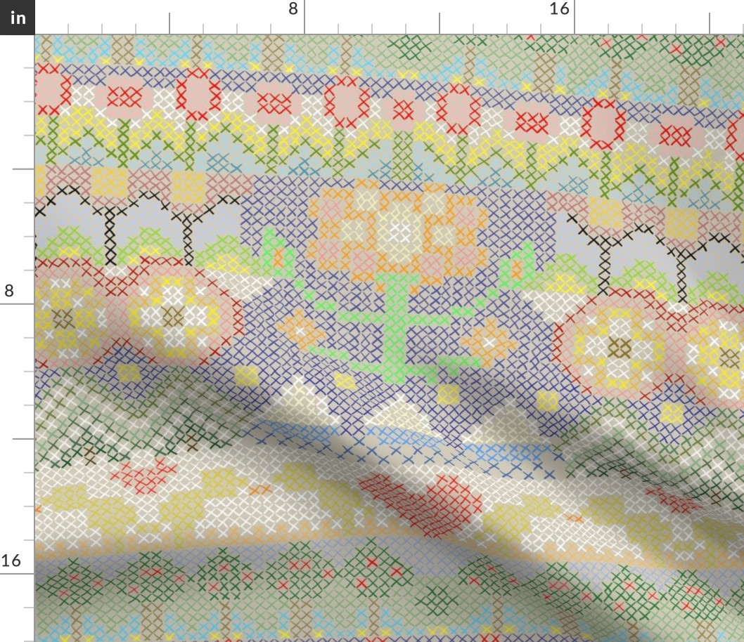 cross-stitch-fair-isle-yellow-orange-red-white-blue-green-on-greige