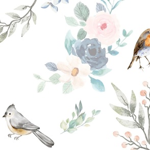 Soft watercolor floral with cute birds