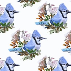[Medium] Blue Jay Damask with white flowers on White