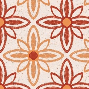 Large scale Mustard and Terracotta Daisy Floral Tiles  textured lines, organic boho ethnic tribal vibes, Moroccan inspired - for wallpaper, kids apparel, pretty curtains and bed linen