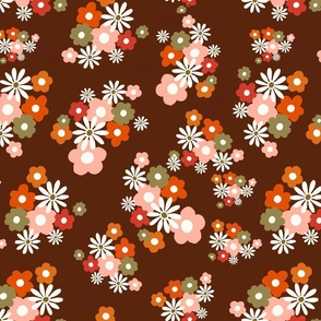 Retro 70s daisies bright colors on brown