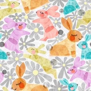 Paper Cut Bunnies - Colorful on Light Grey