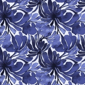 Abstract Watercolor Flower Pattern Fresh Navy Summer Blue Smaller Scale